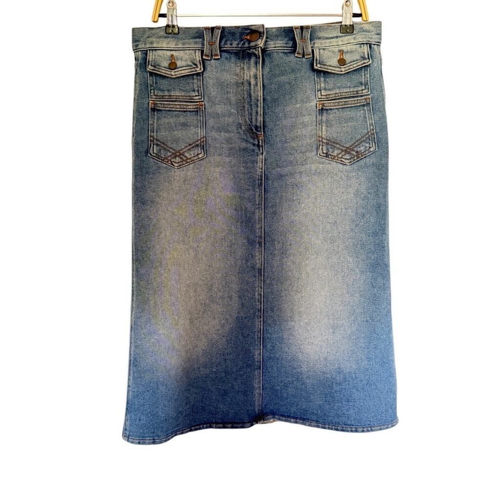 Gerard Darel Emma Blue Denim Long Skirt High Rise Back Slit Blue 28 Medium